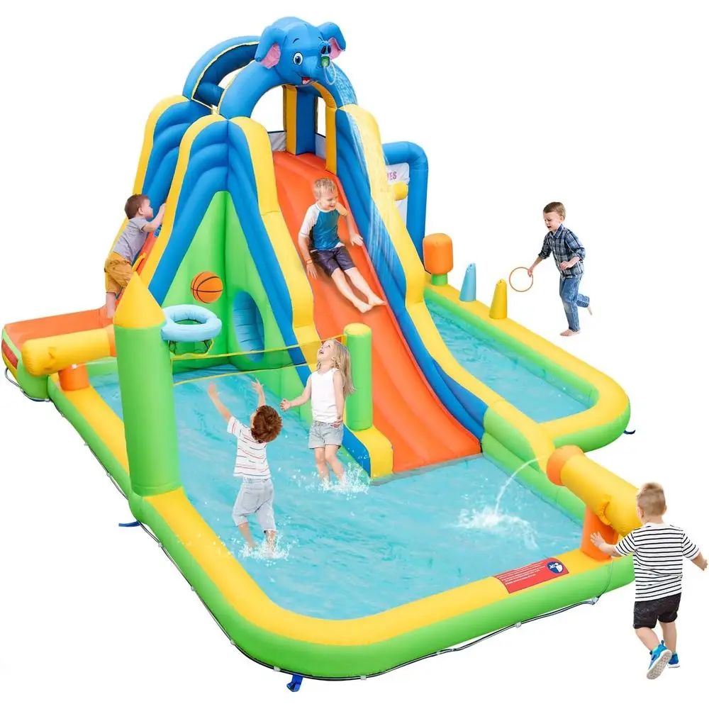 Iatable Water Slide, 9-in-1 gigantische waterglijbaan Iatables Waterpark met splash-zwembaden, Tic Tac Toe & Climbing Wall, Outdoor Blow
