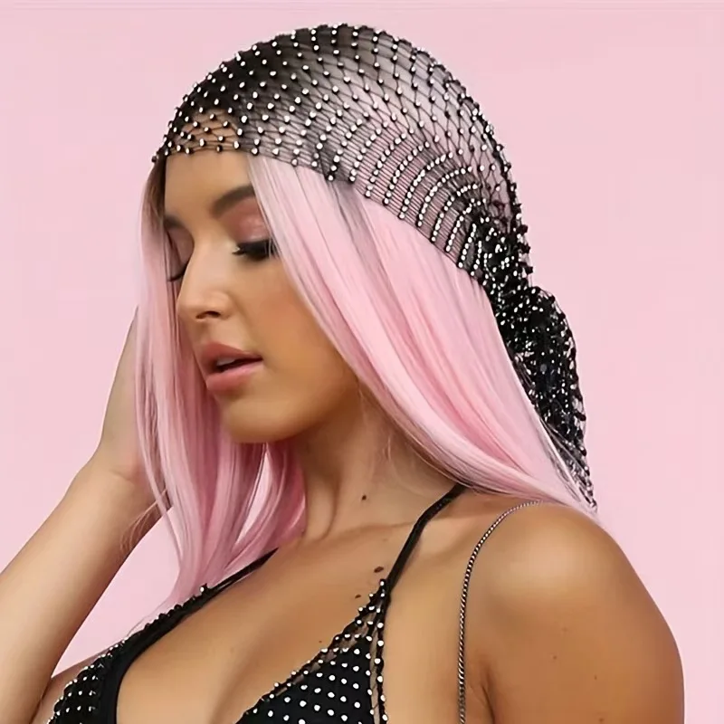 Sexy Hair Nets Bandana Headwrap Summer Hollowed Out Bling Turban Women Hair Scarf Mesh Head Scarf Cap Rhinestone Headband