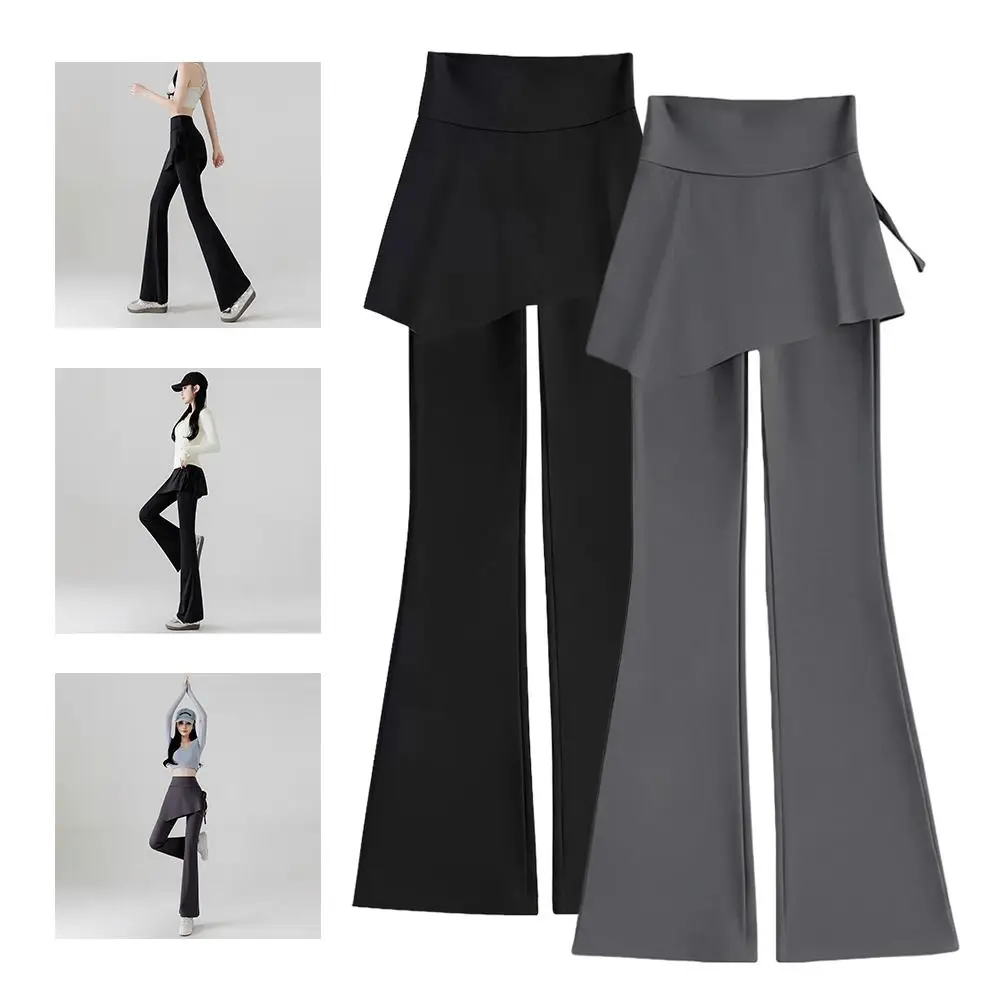 Stretch Fabric Flared Skirt Pants Slimming Design Drawstring Waist Yoga Leggings Bell Bottom Anti-Light High Waist Leggings