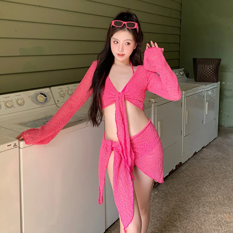 Sexy Rose Red Swimwear Thong Bikini 2024 Women 4 Pieces Swimsuits with Skirt Long Sleeve Cover Ups Beachwear Bathing Suit Korean