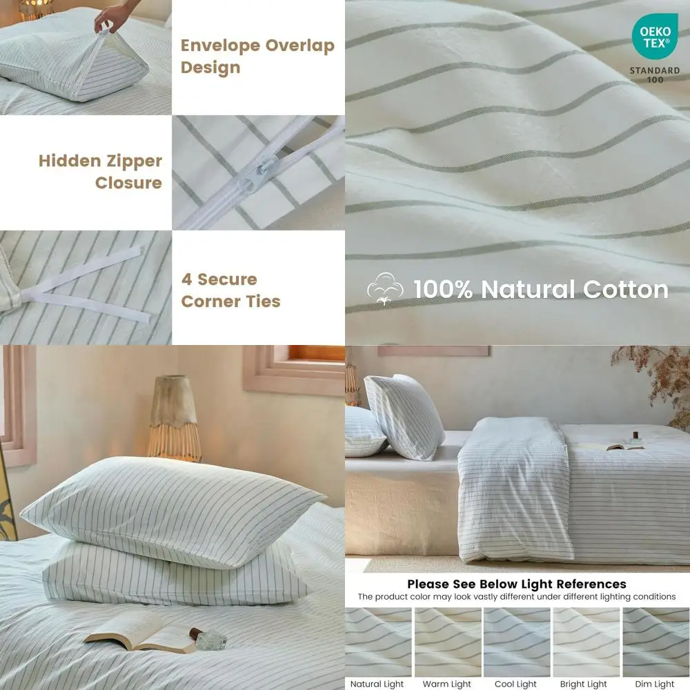 

King Size 100% Cotton Striped Duvet Cover Set with 2 Pillowcases - Breathable, Durable, Soft for All Seasons (White & Sage Green