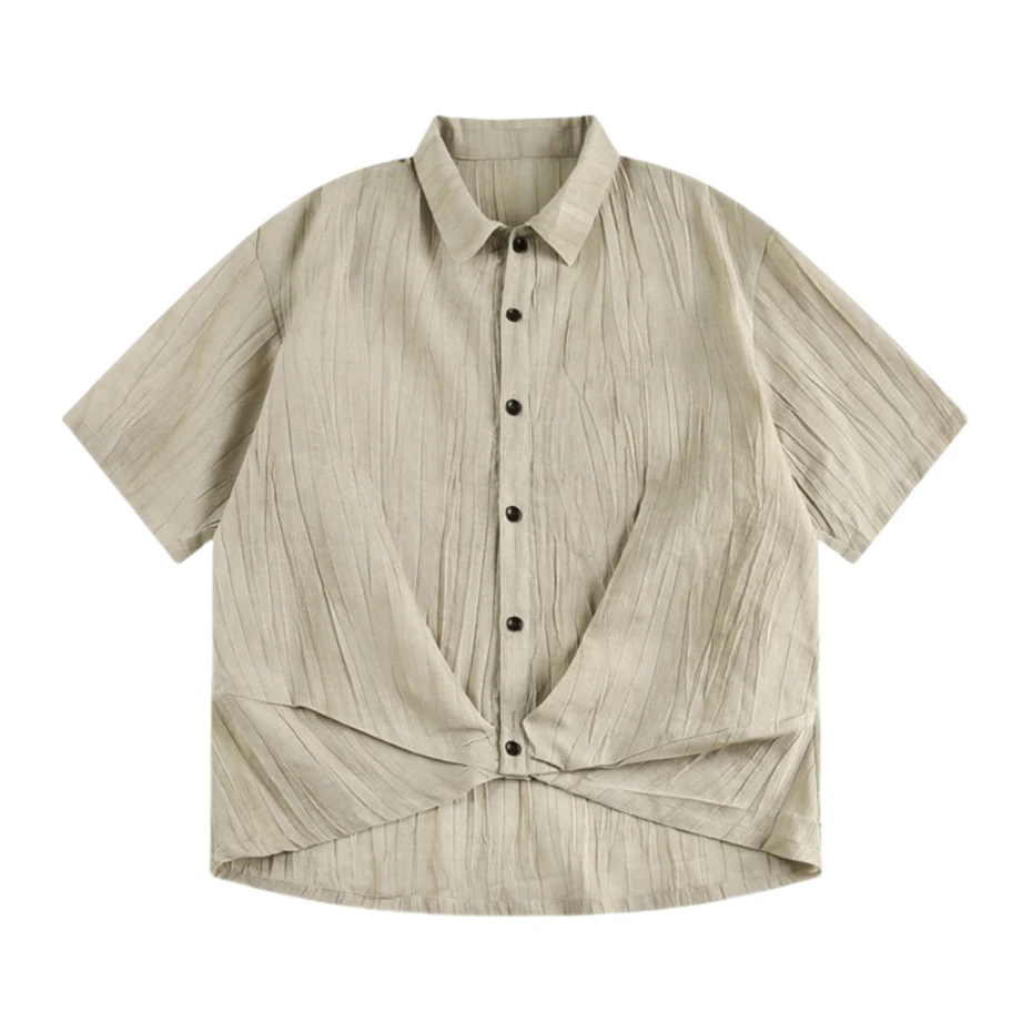 

Vintage Beige Thin Shirts Men Streetwear Harajuku Splicing Short Sleeve Shirt for Men Oversized Summer Casual Blouse Unisex