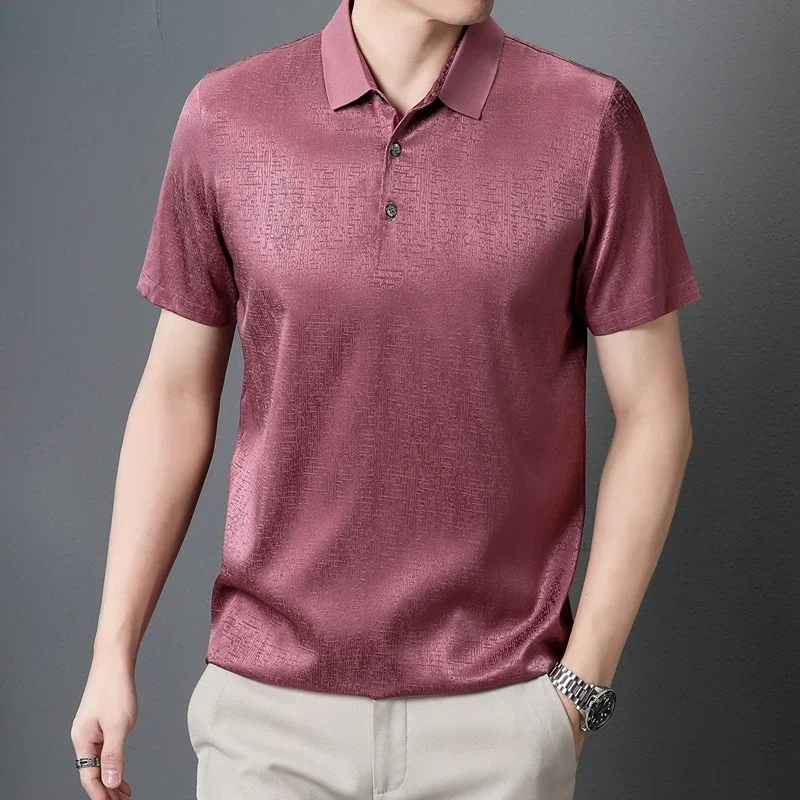 Tcyeek 92% Mulberry Silk Shirts for Men Clothing Summer Casual Business Polo Shirt Man Short Sleeves Silk Tops Camisas De Hombre