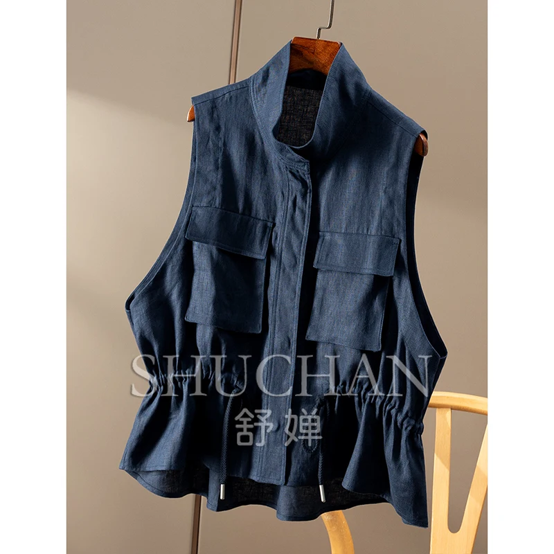 100% Linen Safari Style Drawstring Waist Stand-up Collar Vest Jacket Female 27C2 Vest Women Casaco Feminino