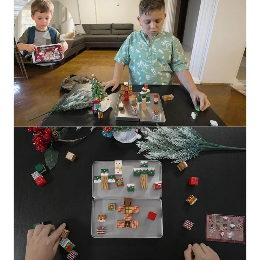 Zestaw Klocków Magnetycznych 45 Elementów Edukacyjne Zabawki STEM Świąteczne Podróżne Klocki Konstrukcyjne dla Dzieci Przenośne Klocki Magnetyczne z Metalową Skrzynką do Przechowywania