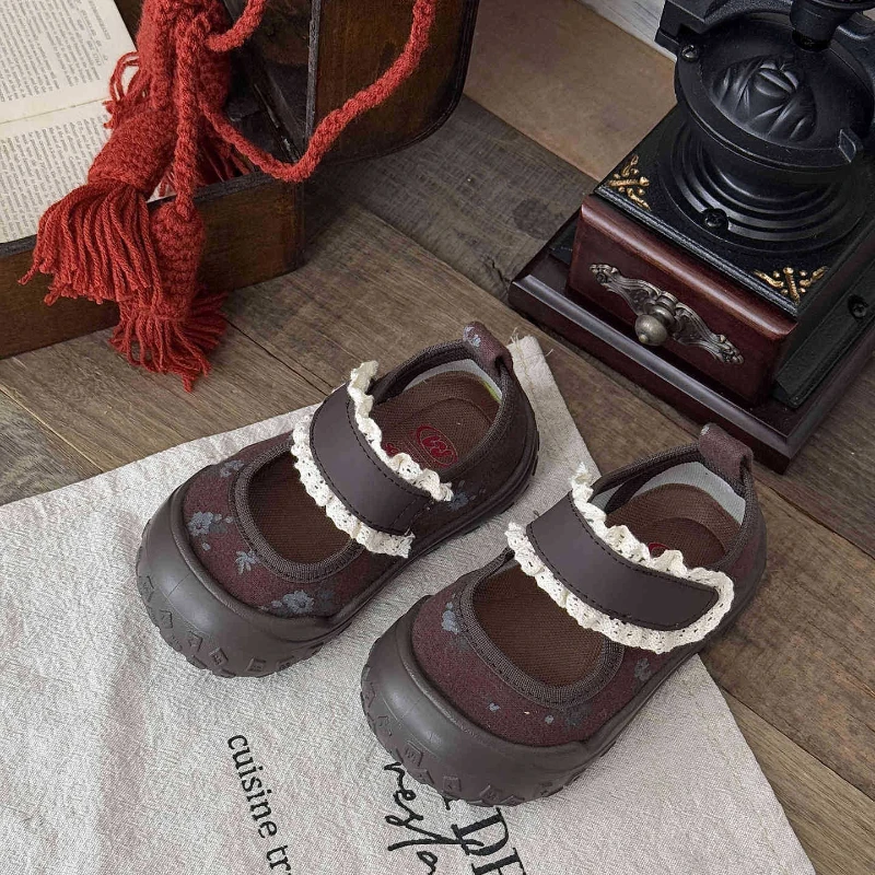 الخريف الأطفال الفتيات خمر وظيفية مغلقة اصبع القدم الدانتيل الحلو الأزهار القماش أحذية طفل الصغار عارضة شقة سوليد حذاء طفل صغير