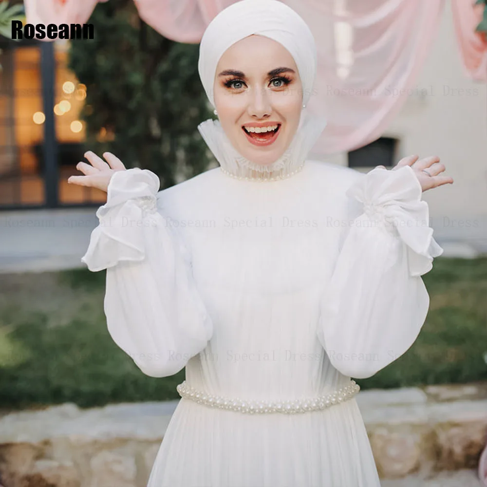 Muçulmano 2025 novo simples a linha vestidos de casamento gola alta cinto tule completo drapeado plissado até o chão vestido de noiva robe de mariée