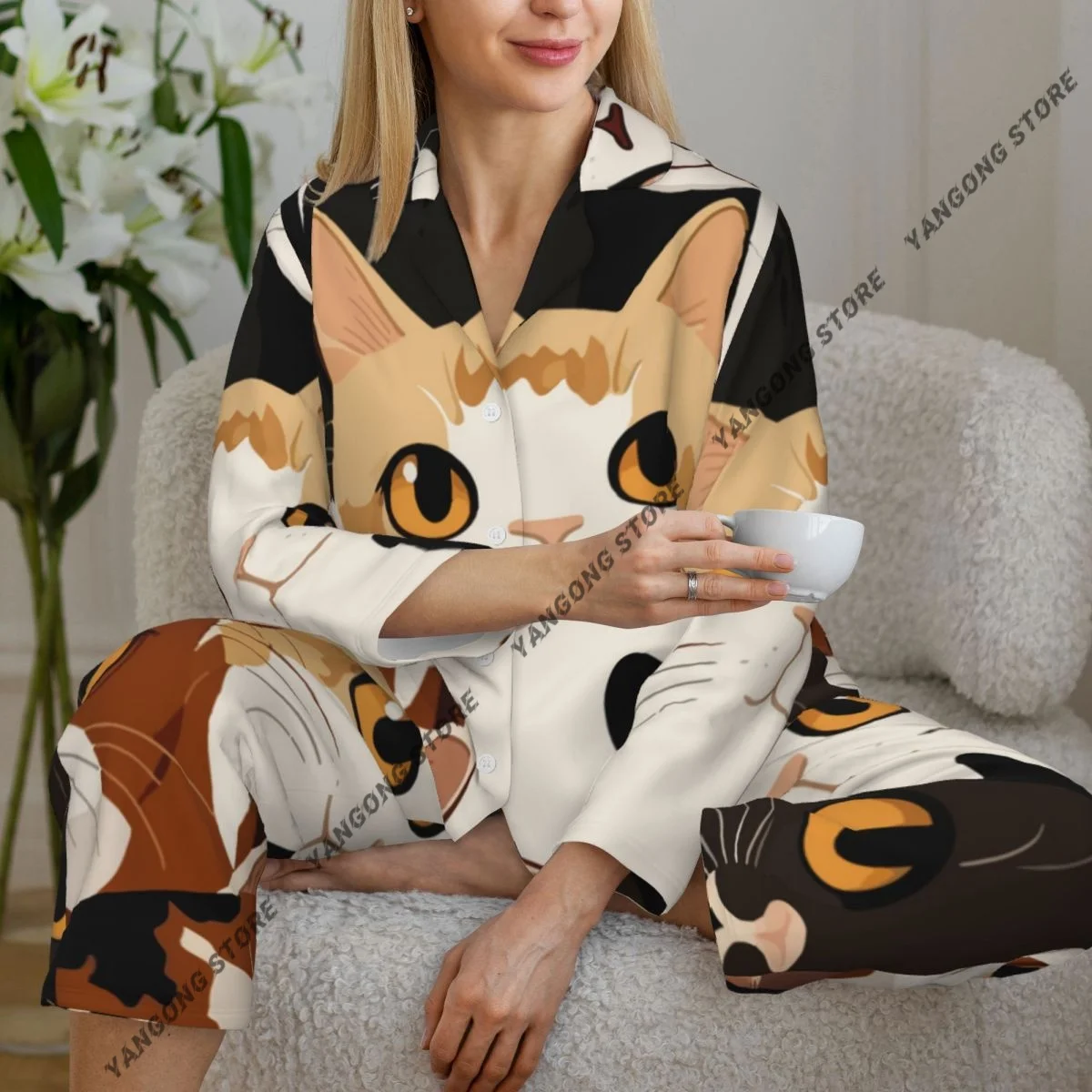 Women Sleepwear Pajamas Cartoon Cats Print Long Sleeve Pijama Female Set Negligee Cardigan Suit