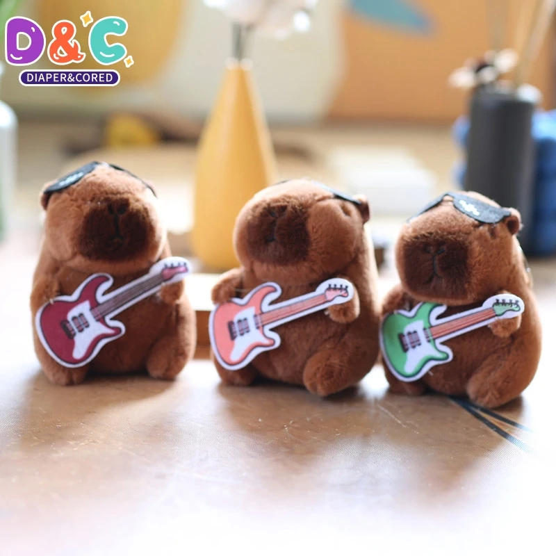 Cute Guitar Capybara Plush Toy Cartoon Guinea Pig Pendant Soft Stuffed Doll Backpack Keychain Bag Car Key Ring Decor Kid Gift