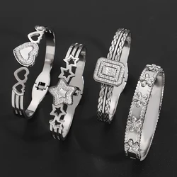 Greatera Half Zircon Flower Bracelet For Men Steel Color Heart Love Five-pointed Star Hollow Pattern Women's Bowknot Bangle
