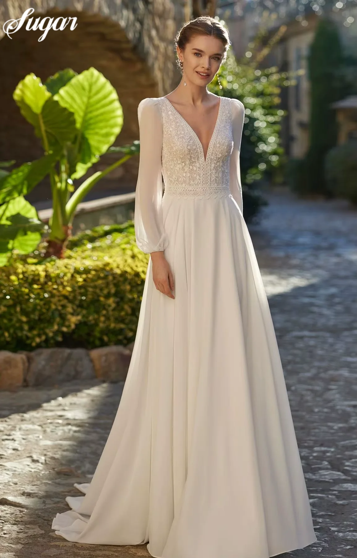 Abito da sposa vintage con scollo a V maniche lunghe abito da ballo in pizzo scollo a barca Sweep Train abiti da sposa lunghi per feste formali Robe De Soire