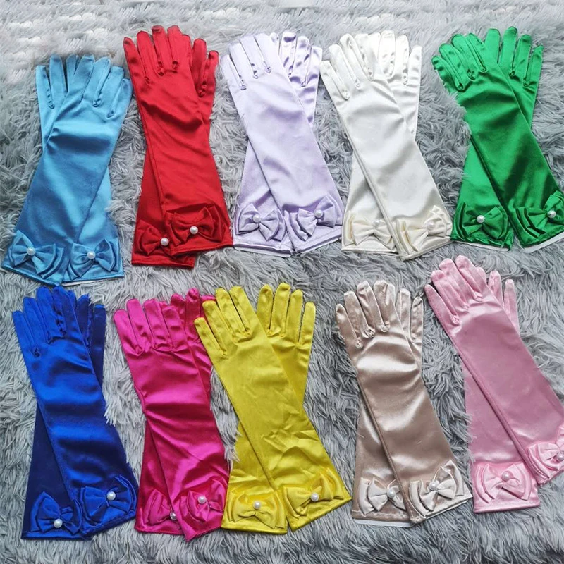 Gants en Satin pour enfants, longs de 29cm, Double couche, avec nœud en perle, mitaines à doigt complet, gants de scène de danse de princesse, accessoire de Costume