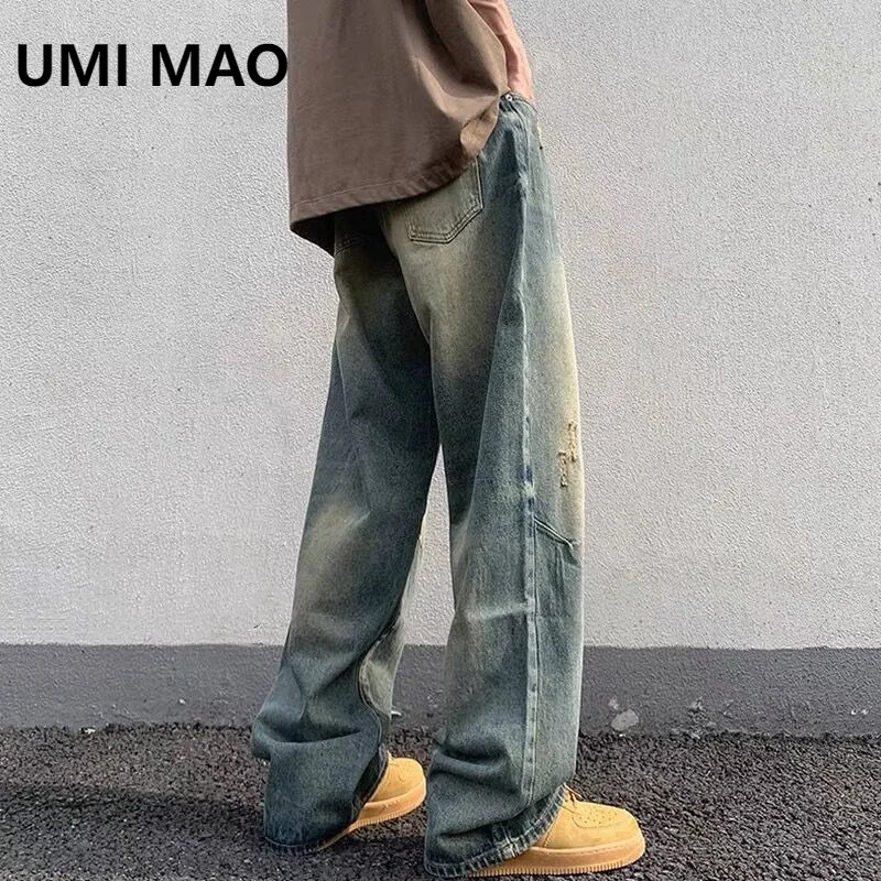 

UMI MAO Washed Old Jeans Men's Retro Spring Loose Wide Leg Straight Leg Floor Dragging Explosive Street Ruffian Handsome Pants