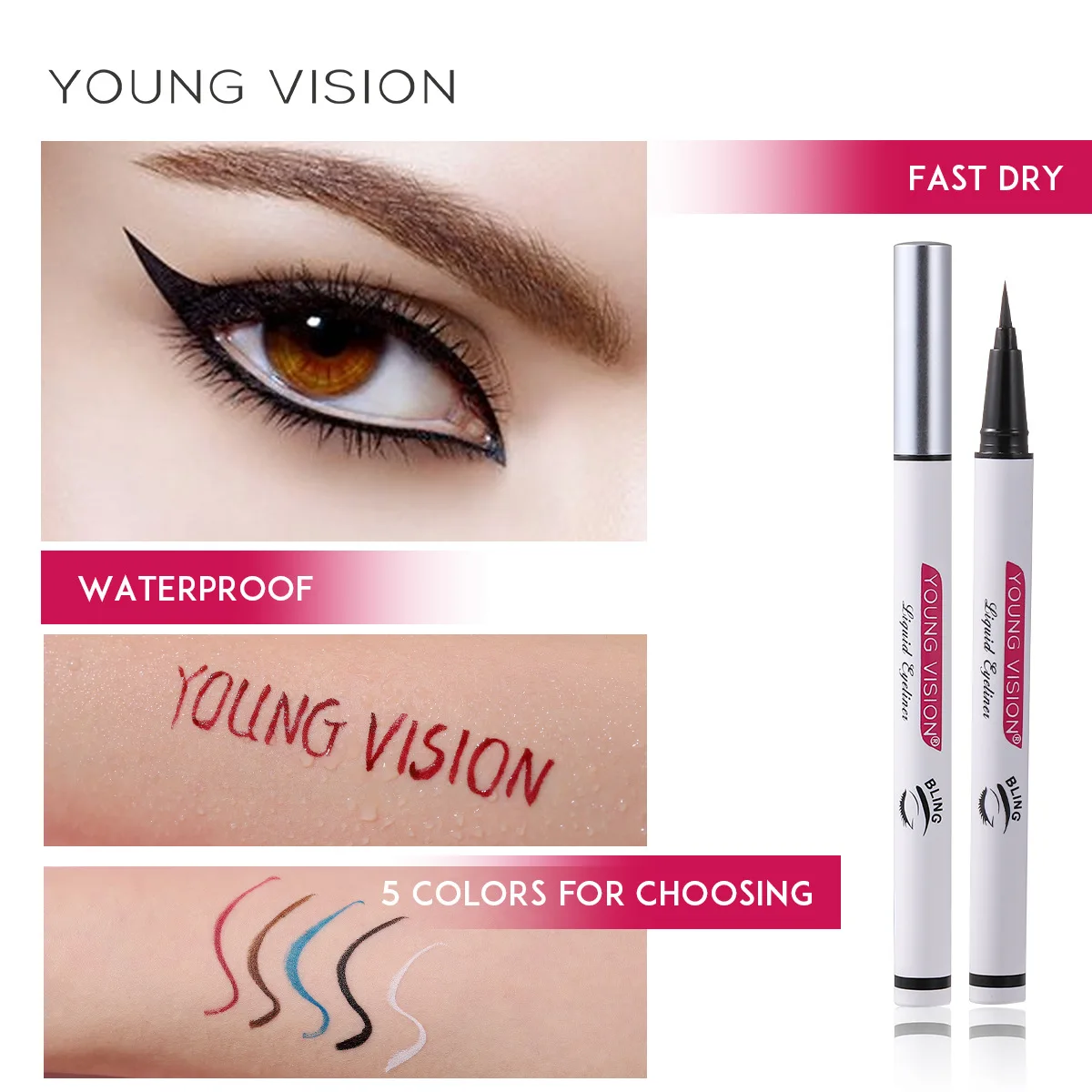 YOUNG VISION 5-color suit waterproof and stain free sponge head eyeliner pen rapid forming eyeliner liquid