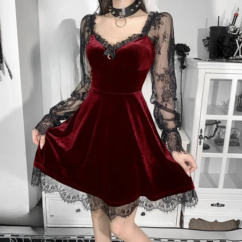 Abito gotico da donna Nero scuro Elegante Vestido De Festa Vintage Punk Abiti da festa Abiti Maniche in pizzo Abito Streetwear Moda