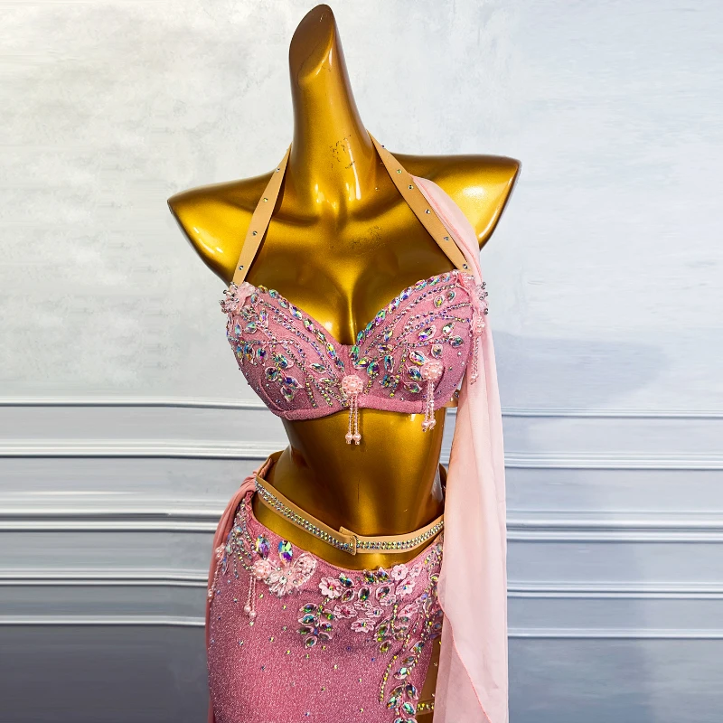 ผู้หญิงที่กําหนดเองหรูหรา Rhinestone Bra + กระโปรงยาว 3 ชิ้นสาว Oriental Dance Performance ชุด Elegant Belly Dancer เครื่องแต่งกาย