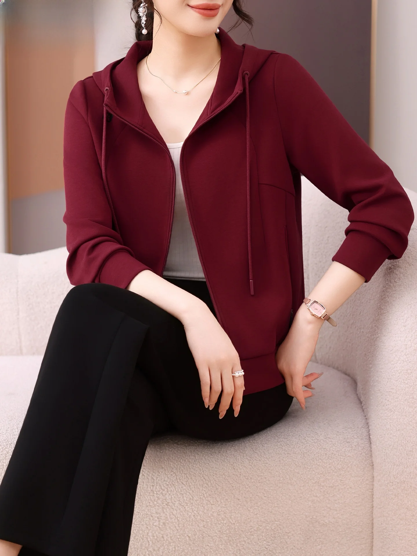 

Casual Sportswear Set for Women Middle-Aged And ly Spring Autumn Outerwear Anti-Aging Top Two-Piece Set Zipper Hooded Pants