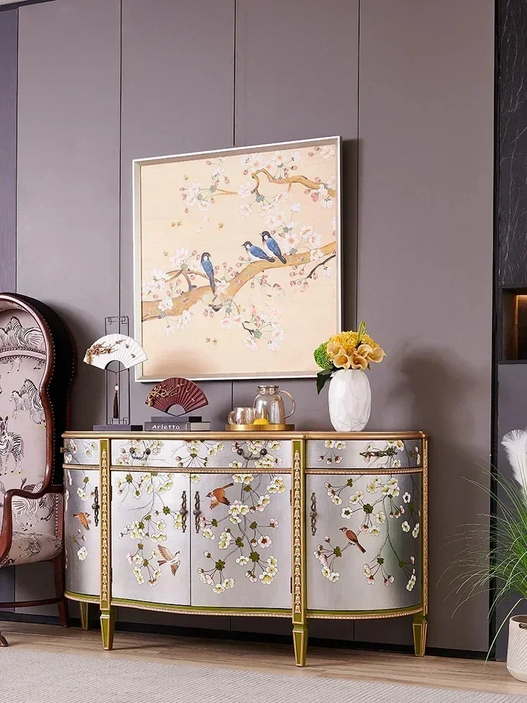 French Painted Flower and Bird Silver Solid Wood Semi-Round European American New Chinese Style Entrance Decoration Cabinet