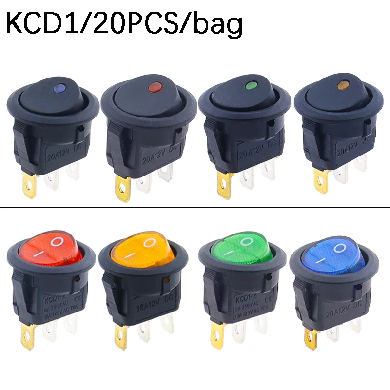 

20Pcs 12V DC Waterproof Round Rocker Switch Dot Dash Car Van Boat LED Illuminated Light Toggle Switch ON/OFF Black Button