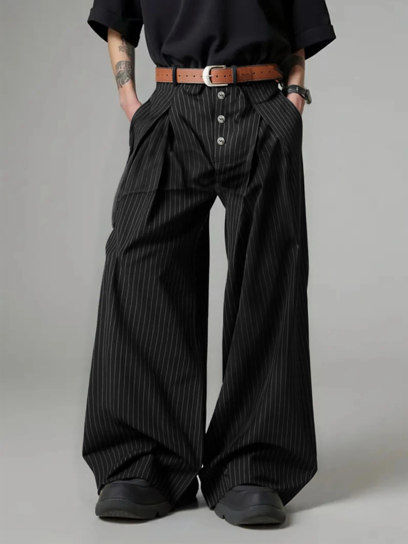 Men's Casual Loose Fit Striped Wide Leg Pants, Fashionable Woven Long Pants for Daily Wear, School, Business Style