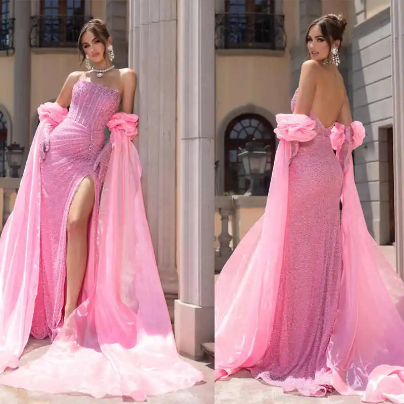 

Graceful Evening Dresses Mermaid Strapless Sequins Sleeveless Backless Split Prom Gowns Party Customized فساتين سهرة