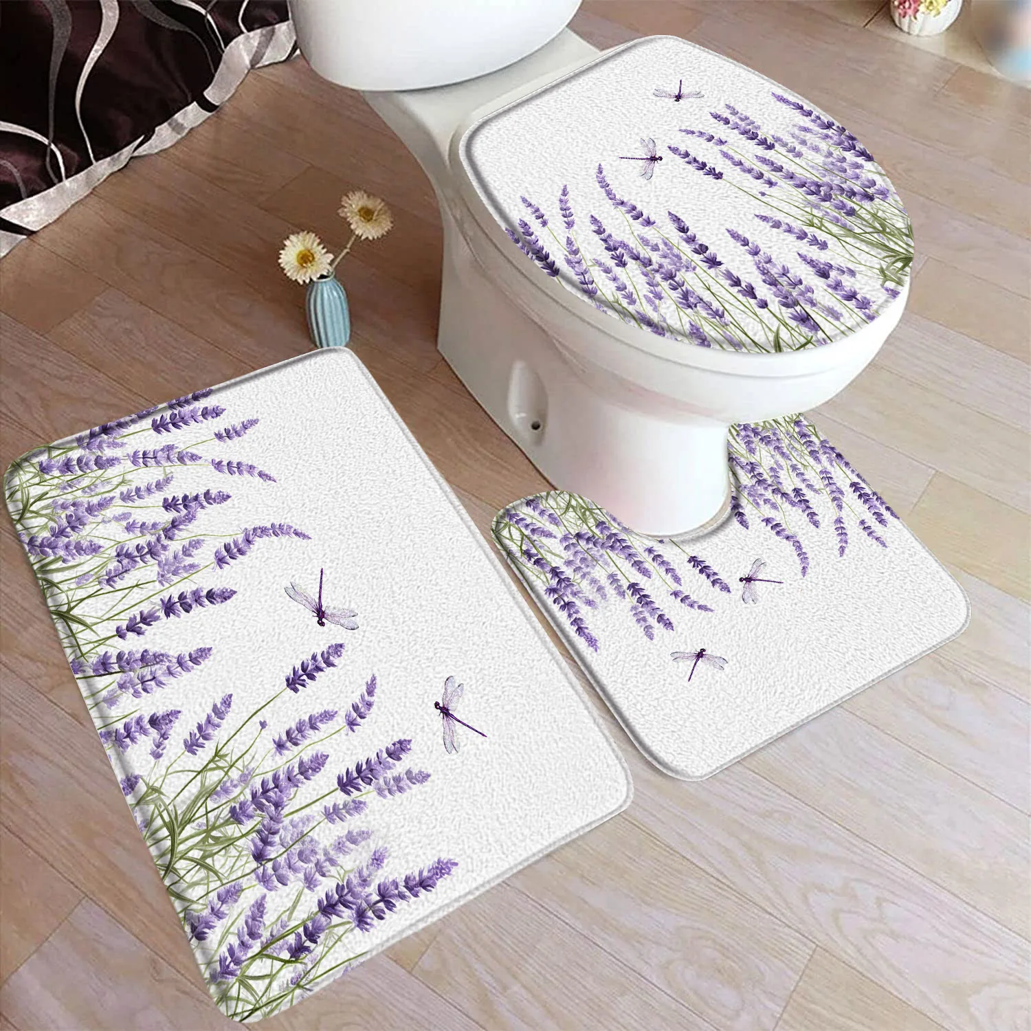 Purple Lavender Bath Mat Set Dragonfly Rustic Floral Plant Grey Wooden Board Home Bathroom Decor Floor Rugs U-Mats Toilet Cover