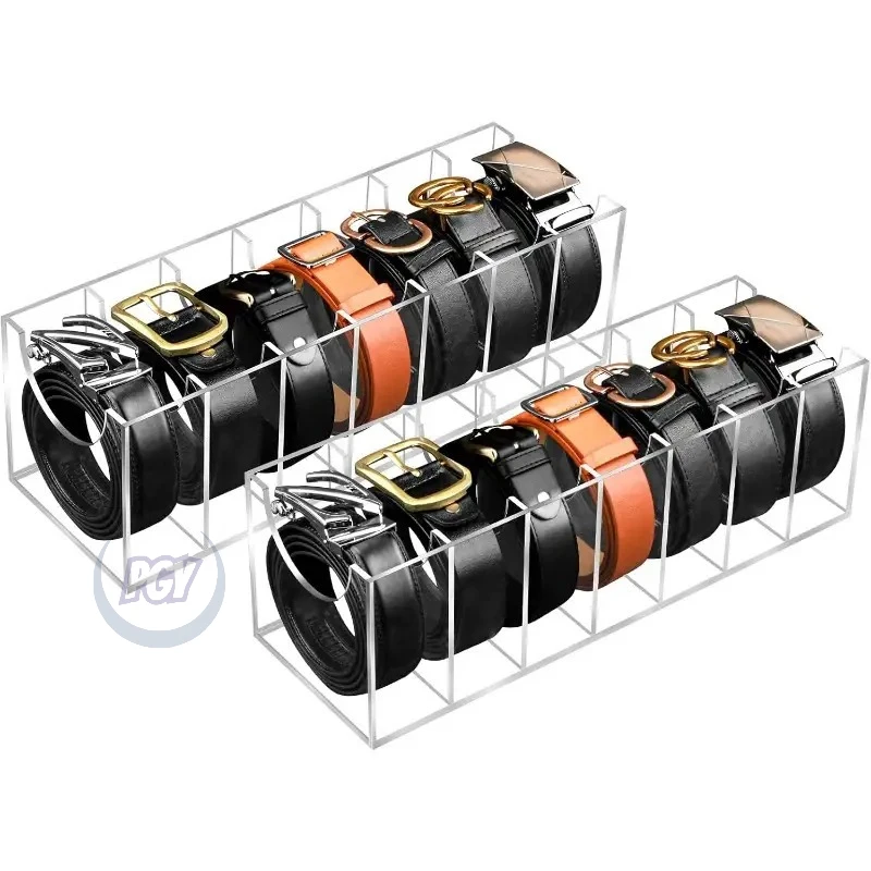 2-Pack Belt Storage Box 7-Grid Acrylic Transparent Storage Display Box for Wardrobe Drawer Tie Watch Jewelry Cosmetics Organizer
