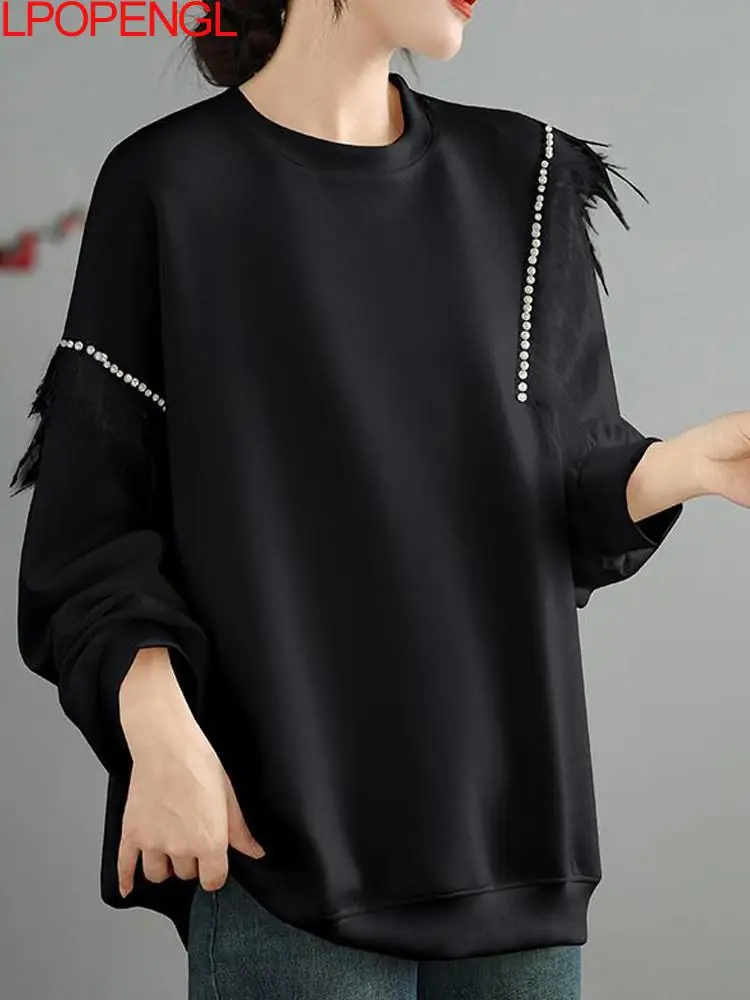 Women's Autumn Loose Sweatshirt 2024 Mesh Stitching Long-sleeved Round Neck Vintage Pullover Patchwork Feathers Oversized Top