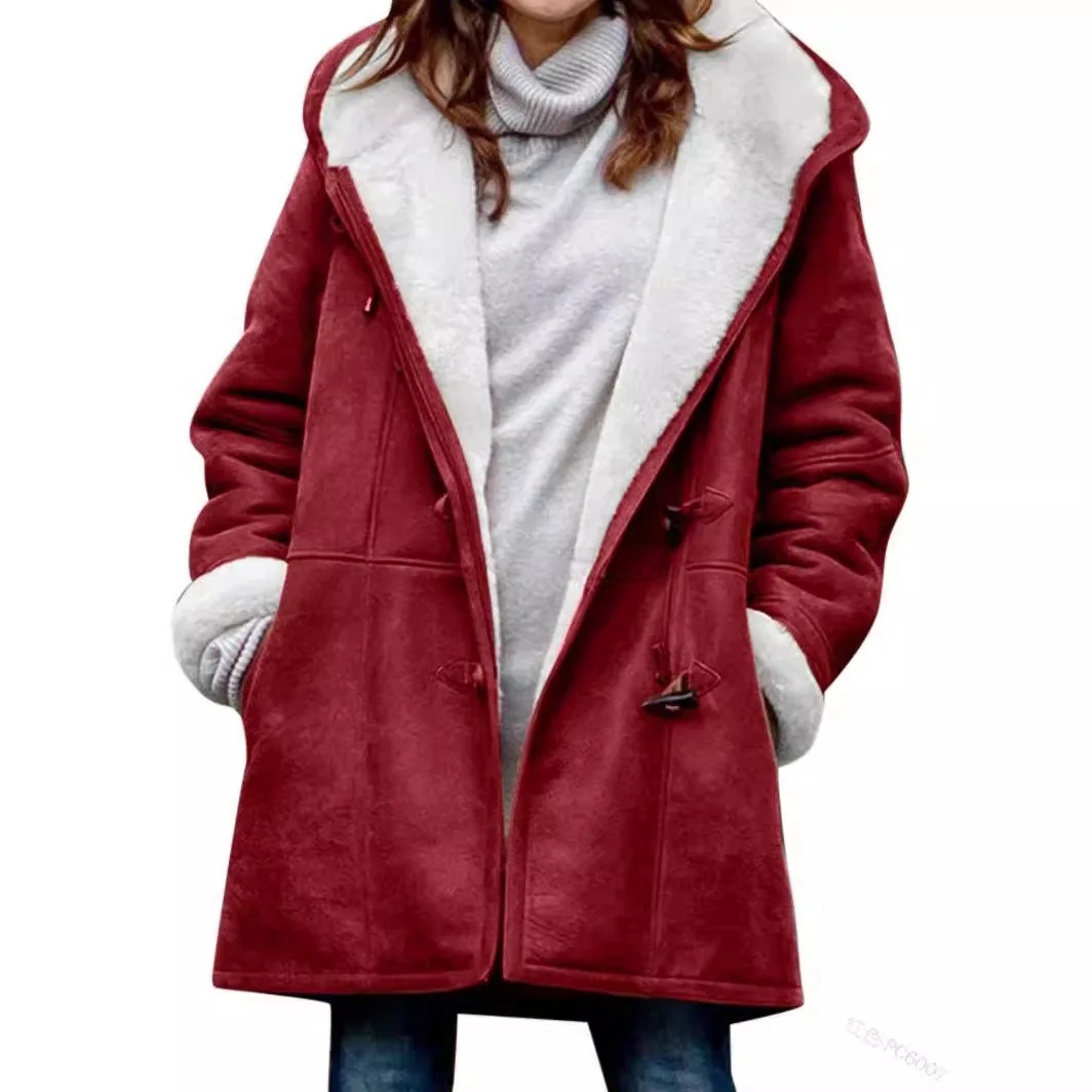 

2025 New Fashion Hooded Horn Button Long Sleeve Jacket For Women In Winter Solid Color Warm Pocket Coat For Women