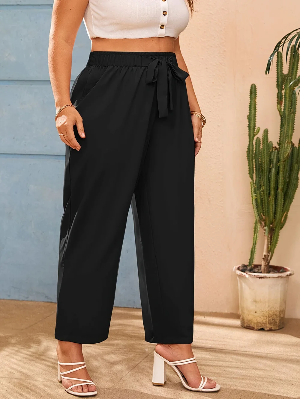 Pantalones negros de pierna ancha para mujer, pantalón holgado con lazo frontal, bolsillos de cintura alta, informal, recto, talla grande, Verano