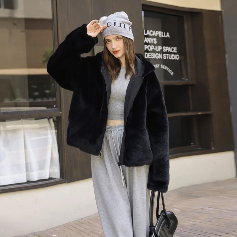 سترة معطف قطنية للنساء شتوية بقلنسوة سترات مزدوجة الجوانب من الفرو مقسمة ضد الرياح ملابس خارجية بجيوب بسحاب معطف نسائي للمكتب