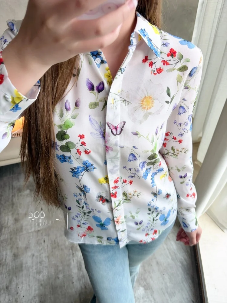 

Элегантная белая шелковая блузка с длинным рукавом и цветочным принтом, повседневный модный универсальный топ в весенне-летнем стиле для женщин