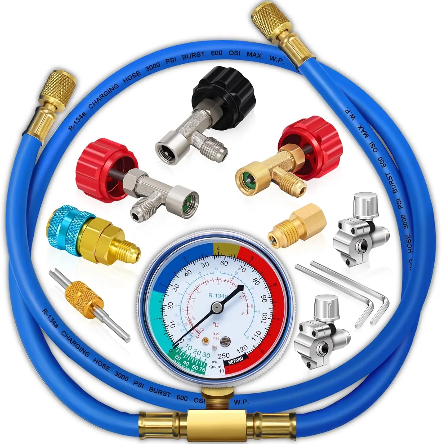 

Комплект для заправки хладагента R134a с манометром и пулевидными клапанами