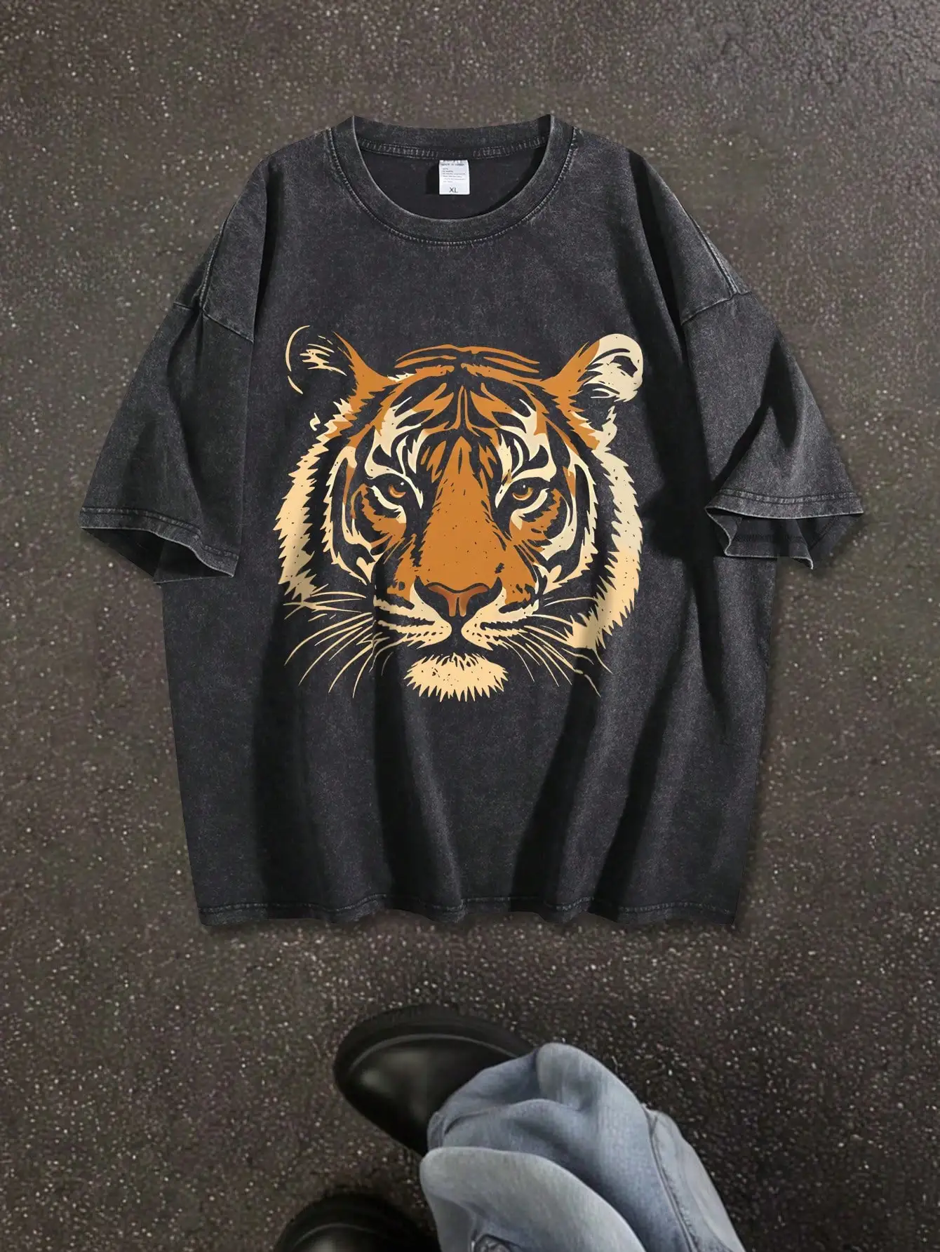 

Oversized Vintage Washed Black Cotton Tee with Wild Cat Graphic Print