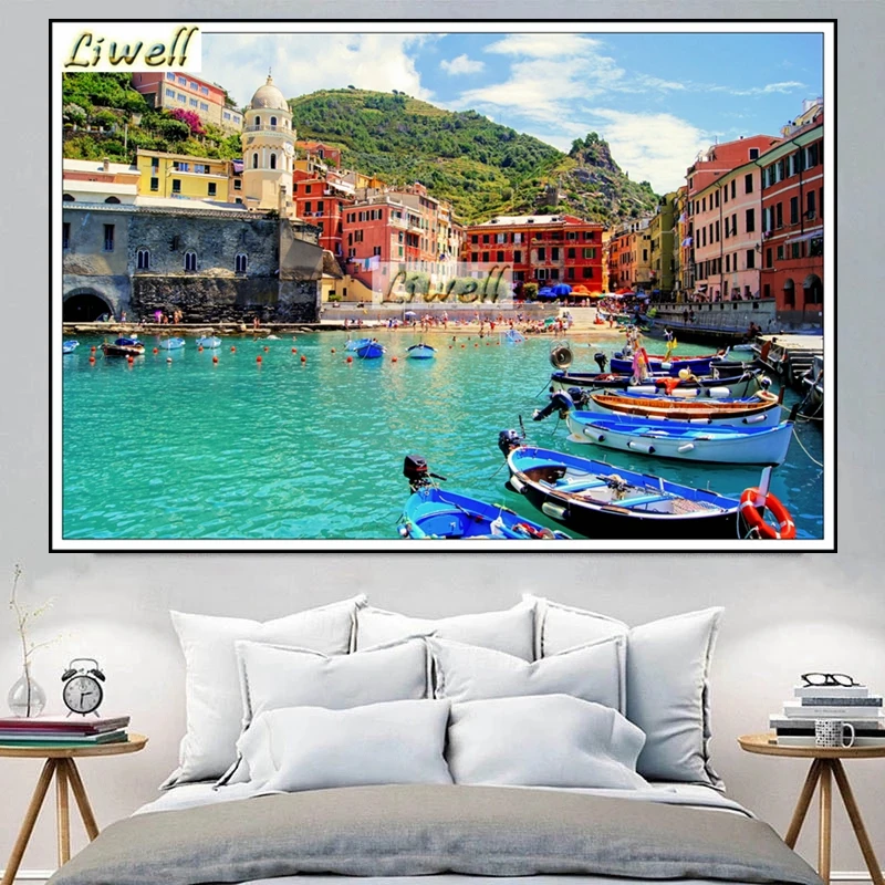 Italië Coast Stad Diamant Schilderij Manarola Cinque Terre Landschap Volledige Vierkante Borduren Kruissteek Hnadwork Gift Room Decor