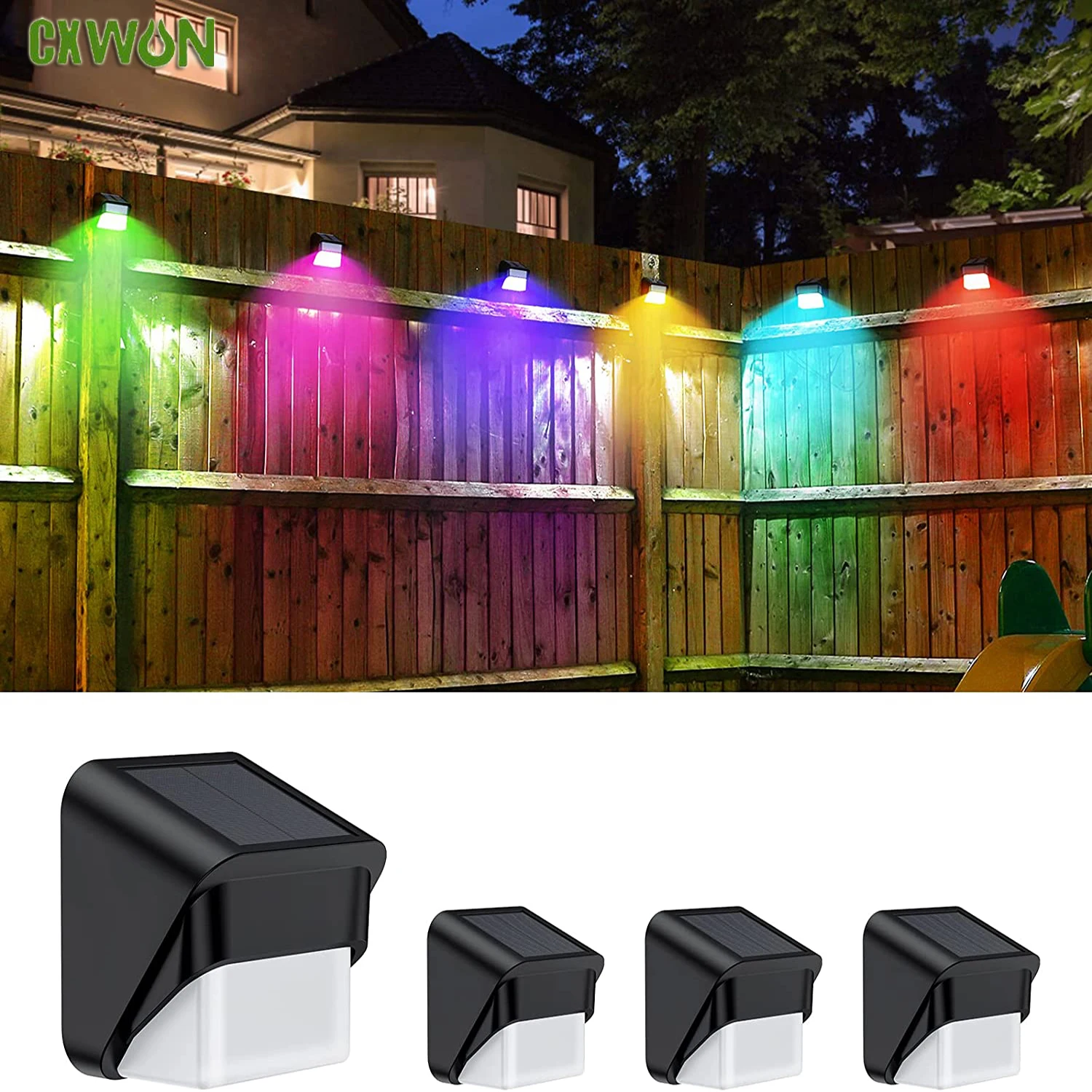 Solar Fence Lights Warm RGB Color Glow Solar Deck Lighting for Deck Stairs Yard Swimming Pool Patio Pathway Step Lamp