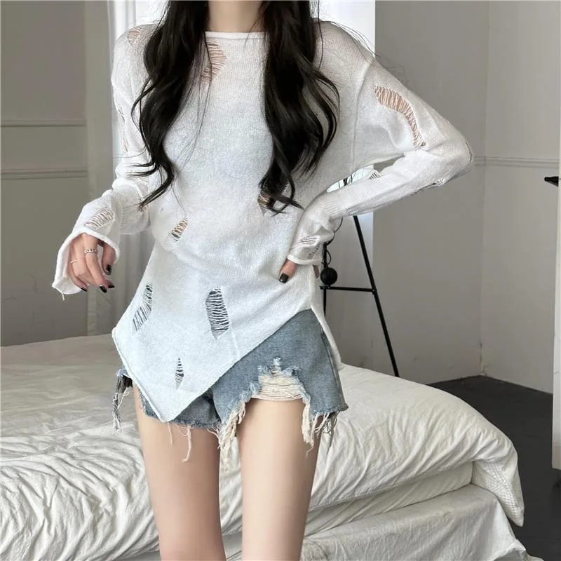 Solid T-shirts Women Spring Slimming Hole Designed Korean Fashion Cool Girls Simple All-match Trendy O-neck Attractive Soft Chic