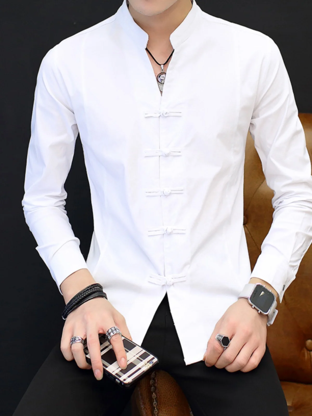 

Men's Collar Shirt Long Sleeve Pure Color Casual Chinese Tang Suit Spring Summer Spring Autumn Button up Slim Fit Polyester F...