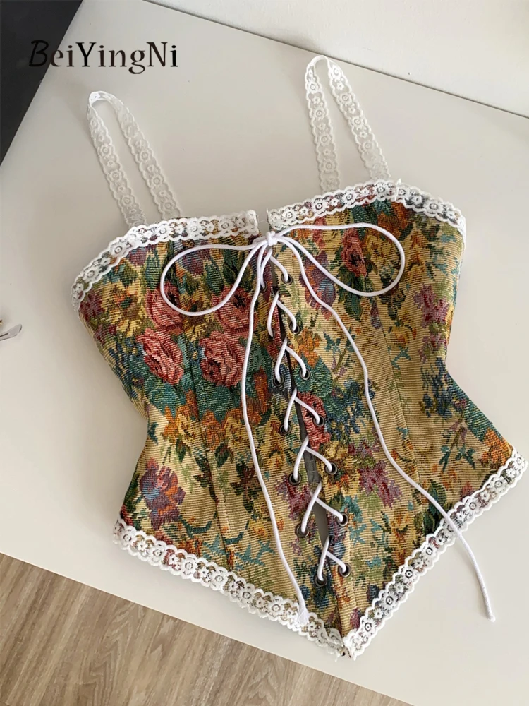 

Beiyingni 2026 y2k Painting Print Tank Tops for Women Bandage Lace Patchwork Slim Outwear Crop Top Lady Casual Sexy Korean Vest