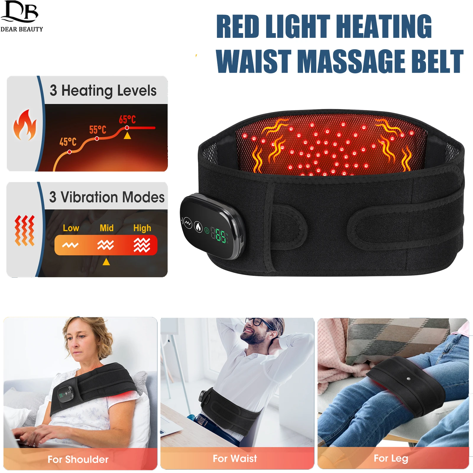 

Upgrade Red Light Heating Waist Belt 3 Levels Vibration Waist Massager Lumbar Support Brace 3In1 Knee Back Shoulder Heating Belt