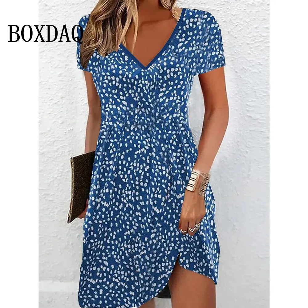 Women's Fashion Short Sleeve Casual Dress Summer Pullover Floral Print V Neck Midi Dress Loose Plus Size Female Clothes Sundress