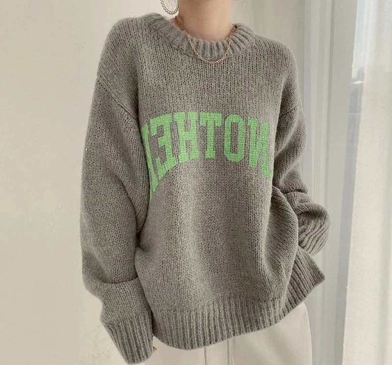 Korean Fashion Autumn and Winter Candy Color Sweater Pullovers for Women Loose  Sweater Letter Knitted Pullovers