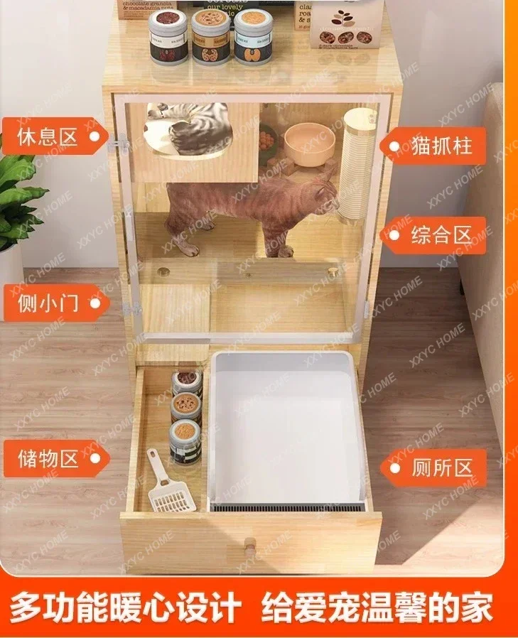 TTFG44Solid Wooden Pet Cat Villa Home Indoor Cat House Luxury Toilet With Drawer