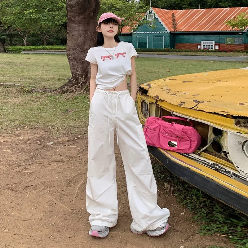 

Pop Women Fashion White Pure Cotton Workwear Pants With Retro Aesthetics High Waisted Pants Harajuku Y2k Versatile Slimming Effe