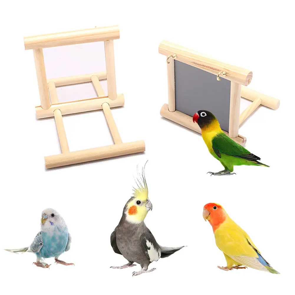 Espejo de madera para pájaros, juguete interactivo con perca para loros pequeños, periquitos, cacatúas, accesorios para jaula