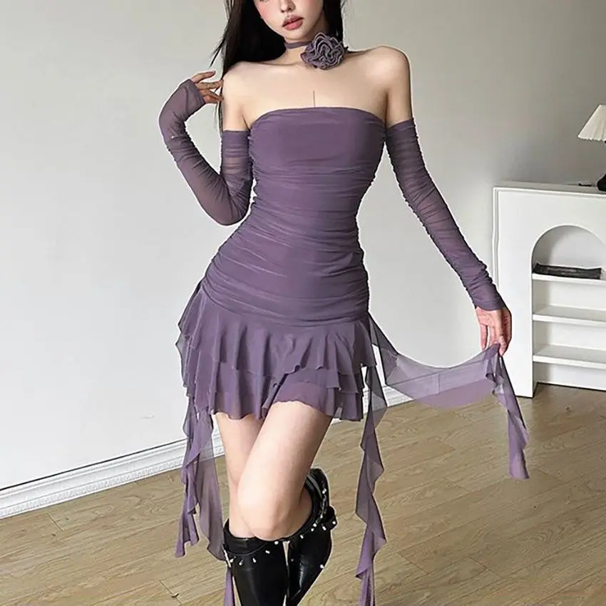 Women's summer solid color sexy design irregular Tassel ruffled hip Lace suspender dress