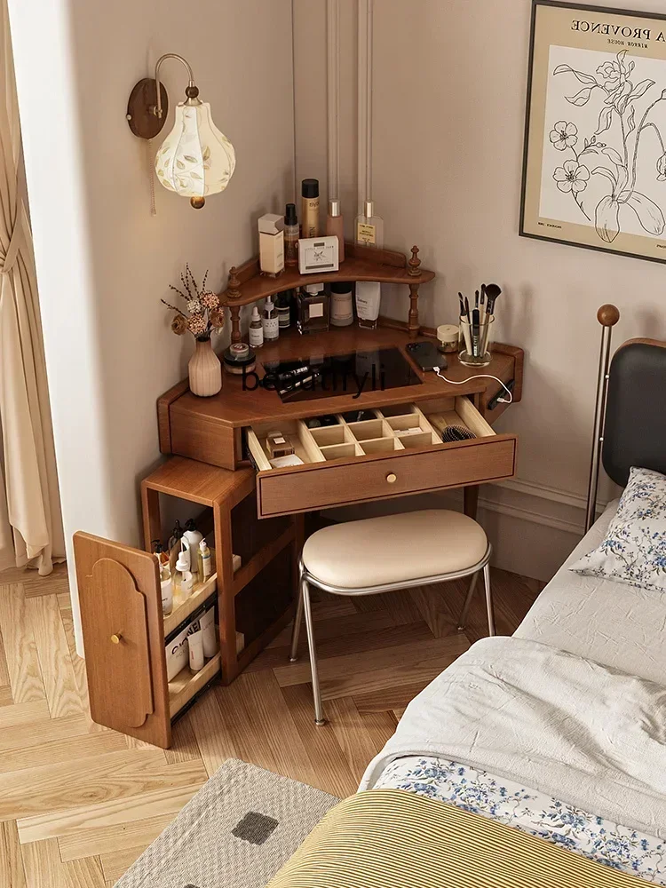 D178  New styleFrench Retro Solid Wood Corner Dressing Table Storage Cabinet Integrated   Bedroom Bedside Corner Triangle Makeup
