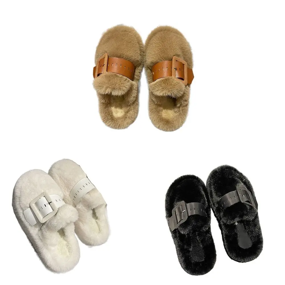 Zapatillas de suela gruesa con cinturón de cuero, pantuflas mullidas de lana de terciopelo, zapatos cálidos para el hogar para mujer, zapatillas cálidas para invierno, Otoño Invierno