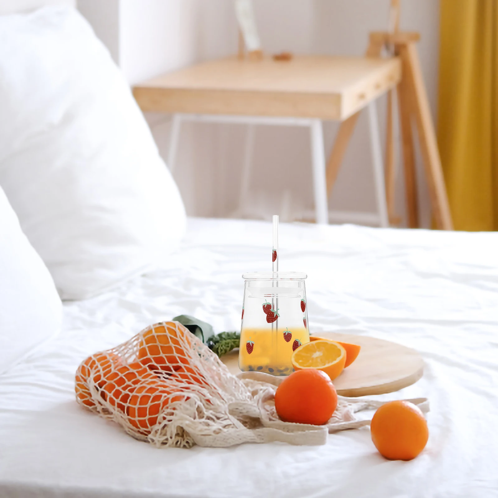 

Clear Strawberry Glass Cup Lid Coffee Tumbler Reusable for Home Office Milk Tea Glass Water Bottle Water Glasses