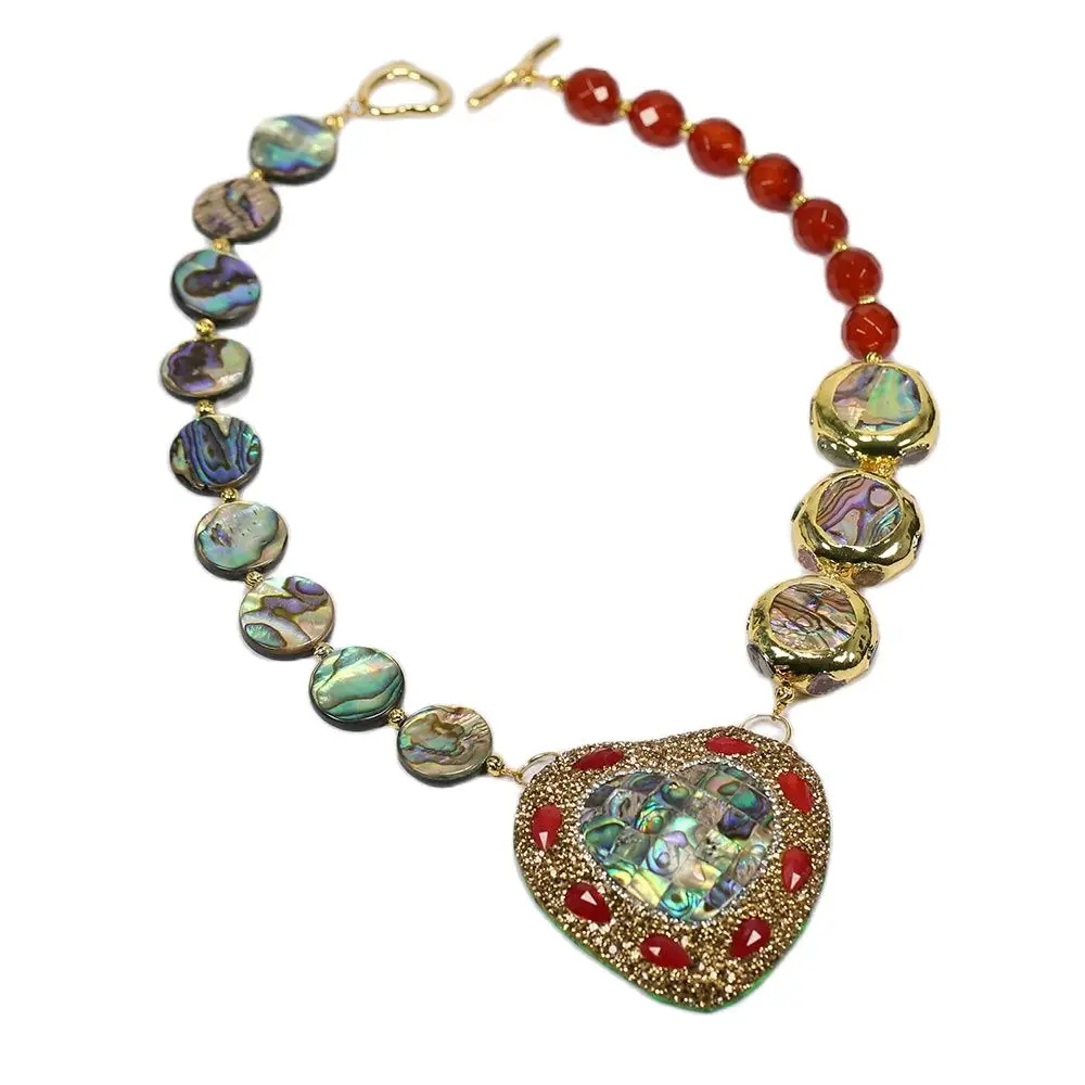 GG Natural Mix Color Abalone Coin Gold Plated Red Agate Carnelian Necklace Abalone CZ Paved Heart Pendant Lady Gifts